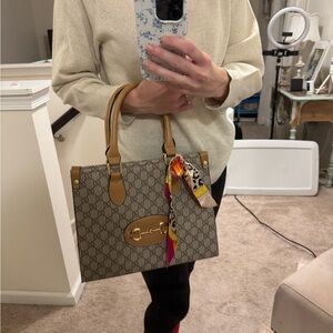 Inspired Brown Patterned Tote Bag with Tan Handles